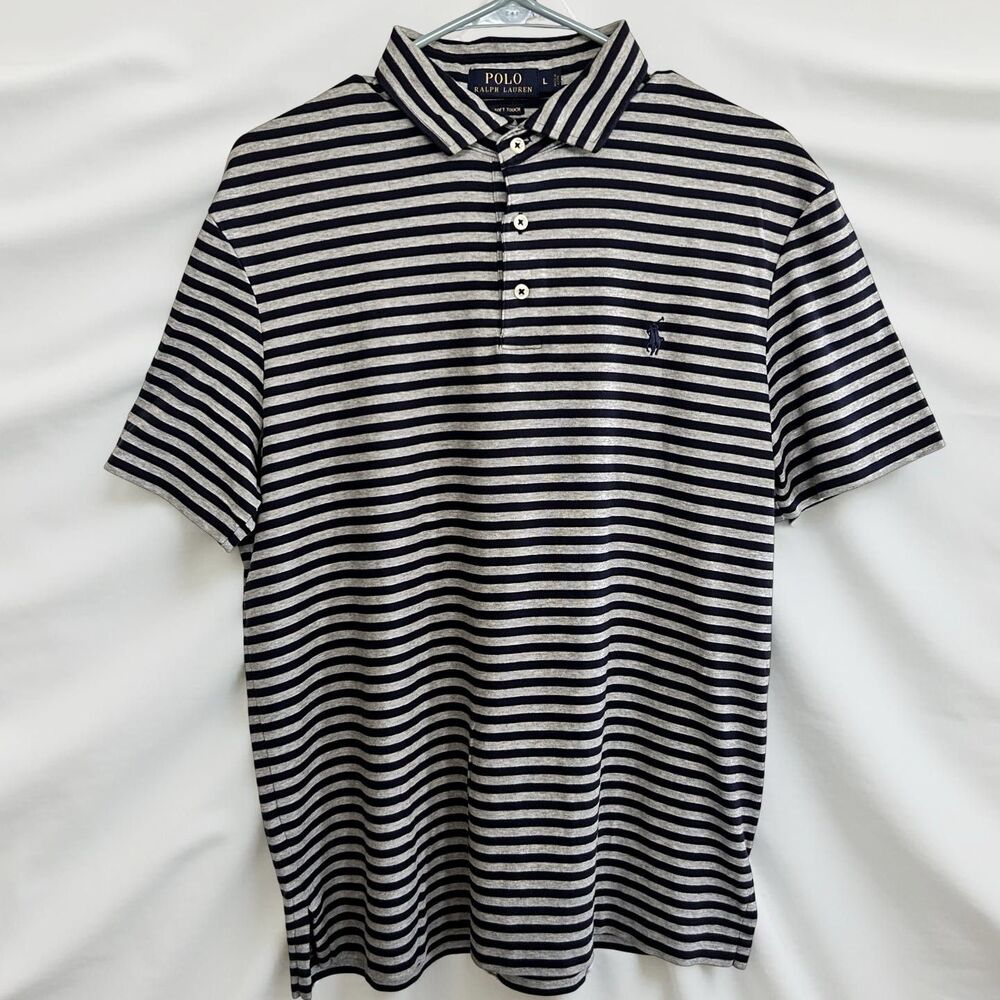 Polo Ralph Lauren Pima Soft Touch Polo Shirt Mens L Gray Blue Striped Cotton EUC